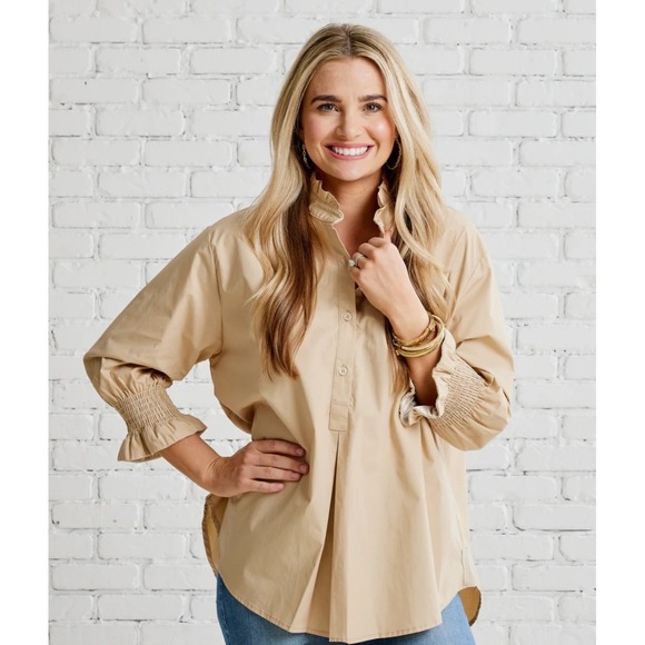 Caryn Lawn Tops - Caryn Lawn Beige Ruffle Collar Button Front Long Sleeve Shirt Top Women's